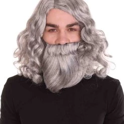 HPO Men's Mens Biblical Wig And Beard Grey Set | Gray Cosplay Halloween Wig | Premium Breathable Capless Cap