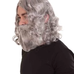 HPO Men's Mens Biblical Wig And Beard Grey Set | Gray Cosplay Halloween Wig | Premium Breathable Capless Cap