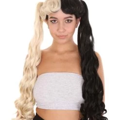 HPO Women's Marie, Long Wavy Two Tone Black And White High Pigtails Womens Wig | Premium Breathable Capless Cap