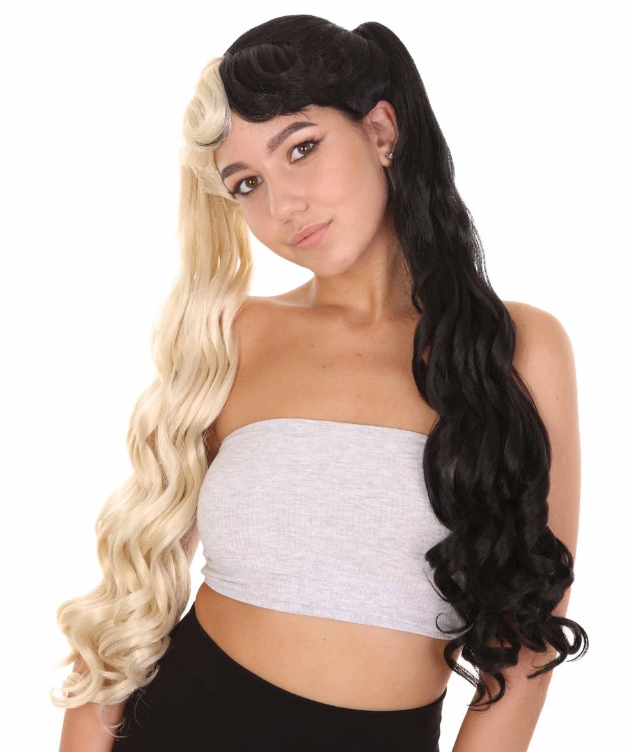 HPO Women's Marie, Long Wavy Two Tone Black And White High Pigtails Womens Wig | Premium Breathable Capless Cap 1 HPO Women's Marie, Long Wavy Two Tone Black And White High Pigtails Womens Wig | Premium Breathable Capless Cap