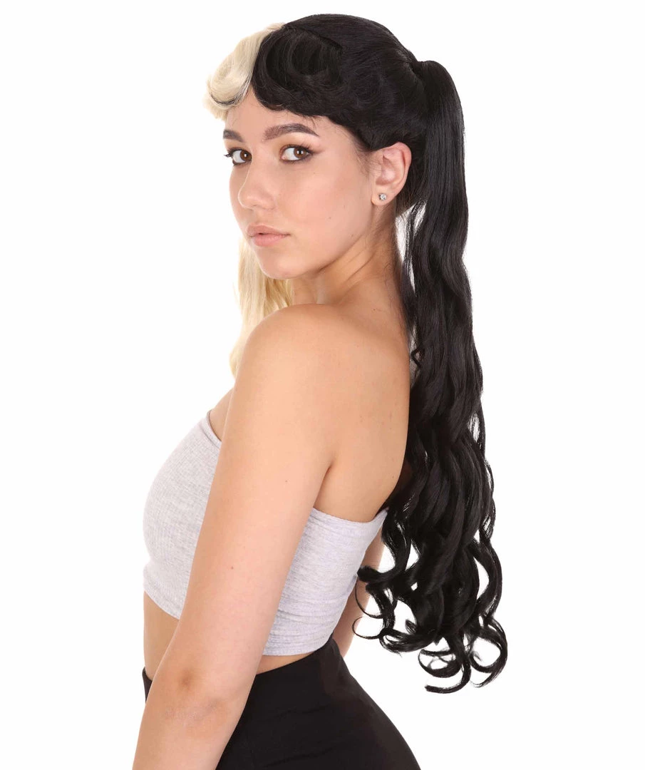 HPO Women's Marie, Long Wavy Two Tone Black And White High Pigtails Womens Wig | Premium Breathable Capless Cap 3 HPO Women's Marie, Long Wavy Two Tone Black And White High Pigtails Womens Wig | Premium Breathable Capless Cap