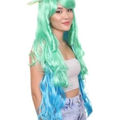 HPO Women's Womens Gaming Wig | Green And Blue Anime Cosplay Wigs | Premium Breathable Capless Cap