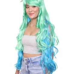 HPO Women's Womens Gaming Wig | Green And Blue Anime Cosplay Wigs | Premium Breathable Capless Cap