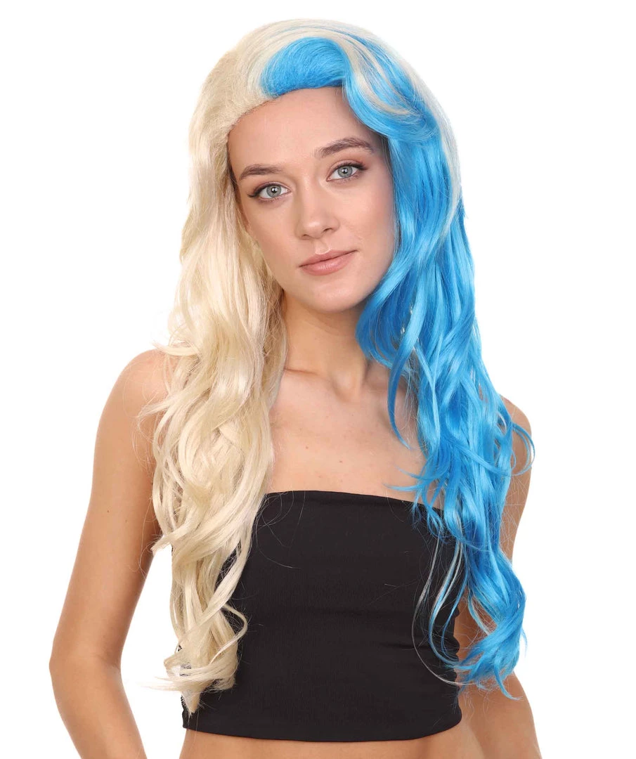 HPO Half Blonde And Half Blue Wig | Fancy Party Event Ready Halloween Wig | Premium Breathable Capless Cap 1 HPO Half Blonde And Half Blue Wig | Fancy Party Event Ready Halloween Wig | Premium Breathable Capless Cap