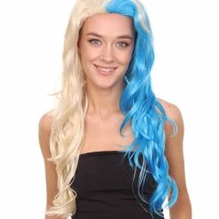 HPO Half Blonde And Half Blue Wig | Fancy Party Event Ready Halloween Wig | Premium Breathable Capless Cap