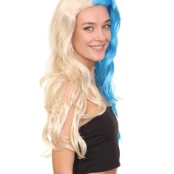HPO Half Blonde And Half Blue Wig | Fancy Party Event Ready Halloween Wig | Premium Breathable Capless Cap 16 HPO Half Blonde And Half Blue Wig | Fancy Party Event Ready Halloween Wig | Premium Breathable Capless Cap