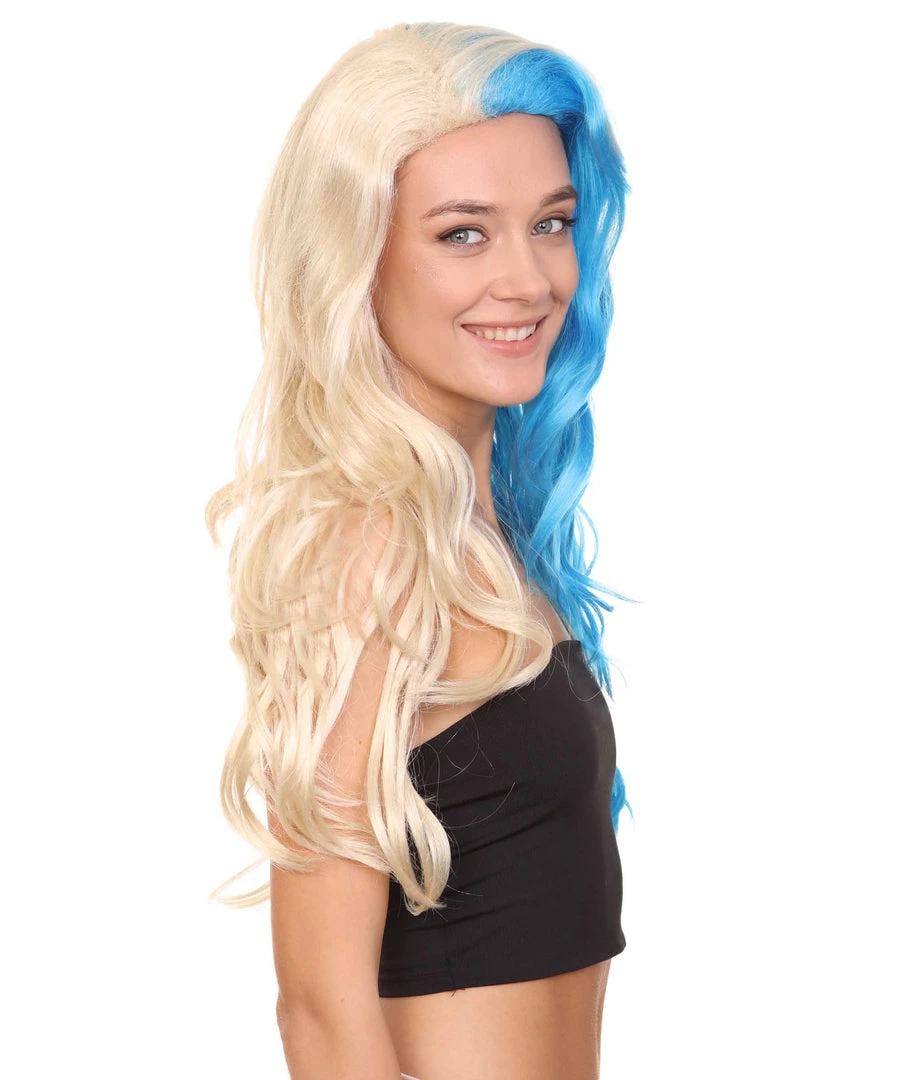 HPO Half Blonde And Half Blue Wig | Fancy Party Event Ready Halloween Wig | Premium Breathable Capless Cap 7 HPO Half Blonde And Half Blue Wig | Fancy Party Event Ready Halloween Wig | Premium Breathable Capless Cap