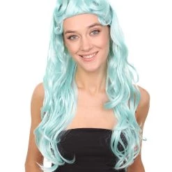 HPO Men's Womens Pale Blue Curly Glamour Siren Wig | Long Curly Cosplay Halloween Wig | Premium Breathable Capless Cap