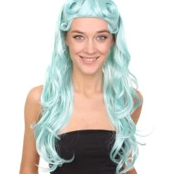 HPO Men's Womens Pale Blue Curly Glamour Siren Wig | Long Curly Cosplay Halloween Wig | Premium Breathable Capless Cap