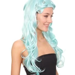 HPO Men's Womens Pale Blue Curly Glamour Siren Wig | Long Curly Cosplay Halloween Wig | Premium Breathable Capless Cap 15 HPO Men's Womens Pale Blue Curly Glamour Siren Wig | Long Curly Cosplay Halloween Wig | Premium Breathable Capless Cap