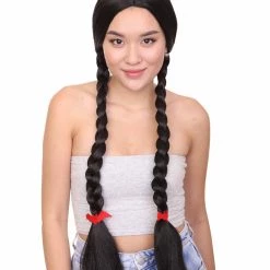 HPO Womens Gothic School Girl Pigtail Style Wig | Triditional Braided Halloween Wig With Red Ribbon | Premium Breathable Capless Cap