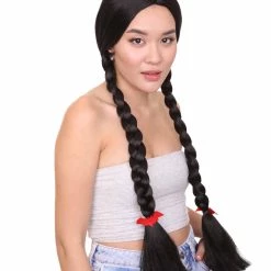 HPO Womens Gothic School Girl Pigtail Style Wig | Triditional Braided Halloween Wig With Red Ribbon | Premium Breathable Capless Cap