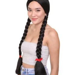 HPO Womens Gothic School Girl Pigtail Style Wig | Triditional Braided Halloween Wig With Red Ribbon | Premium Breathable Capless Cap