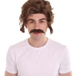 HPO Men's Men Brown Wig With Moustache Set | Cosplay Halloween Wig | Premium Breathable Capless Cap