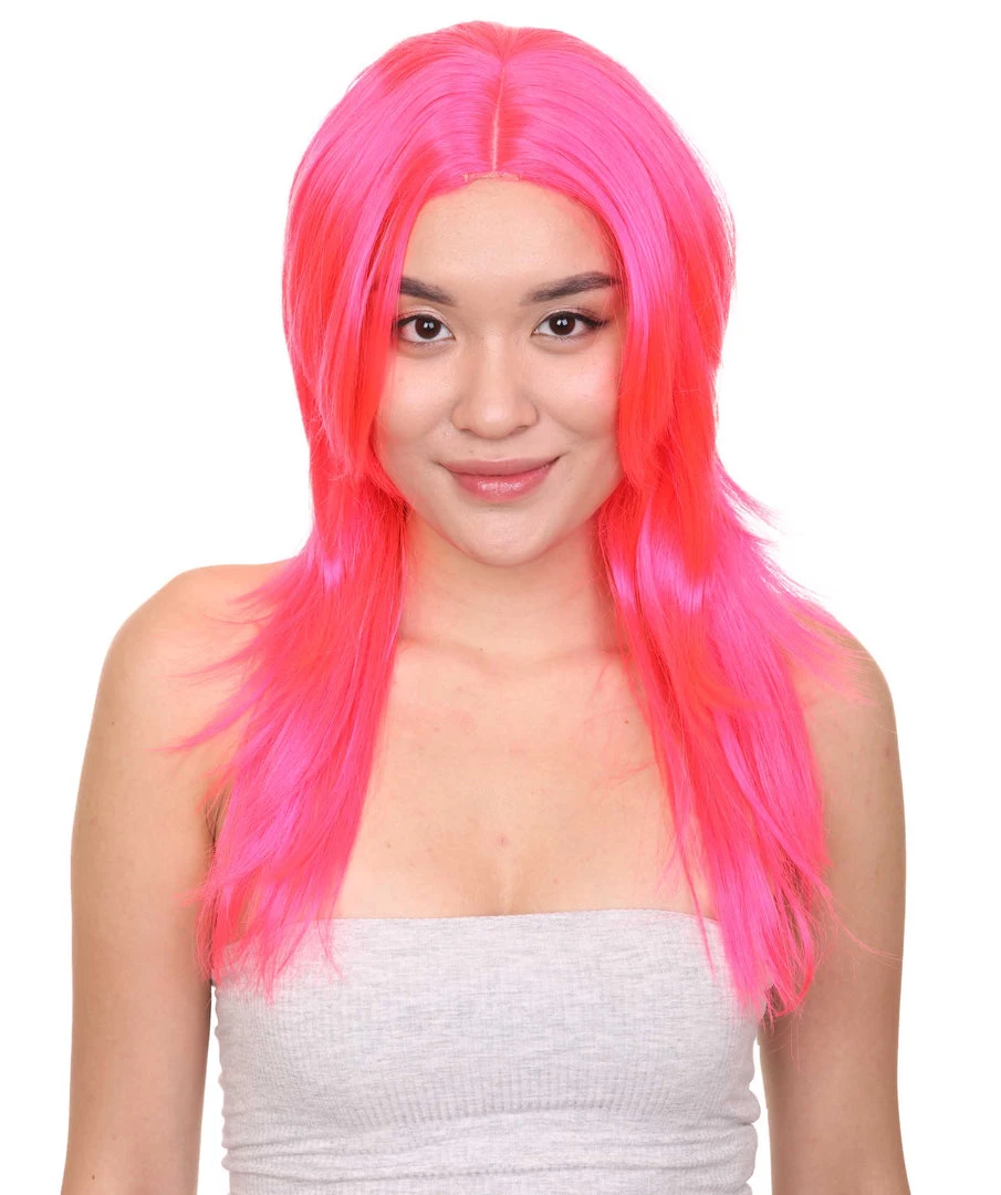 HPO Party Girl Adult Wig | Neon Pink Party Ready Fancy Cosplay Halloween Wig | Premium Breathable Capless Cap 1 HPO Party Girl Adult Wig | Neon Pink Party Ready Fancy Cosplay Halloween Wig | Premium Breathable Capless Cap