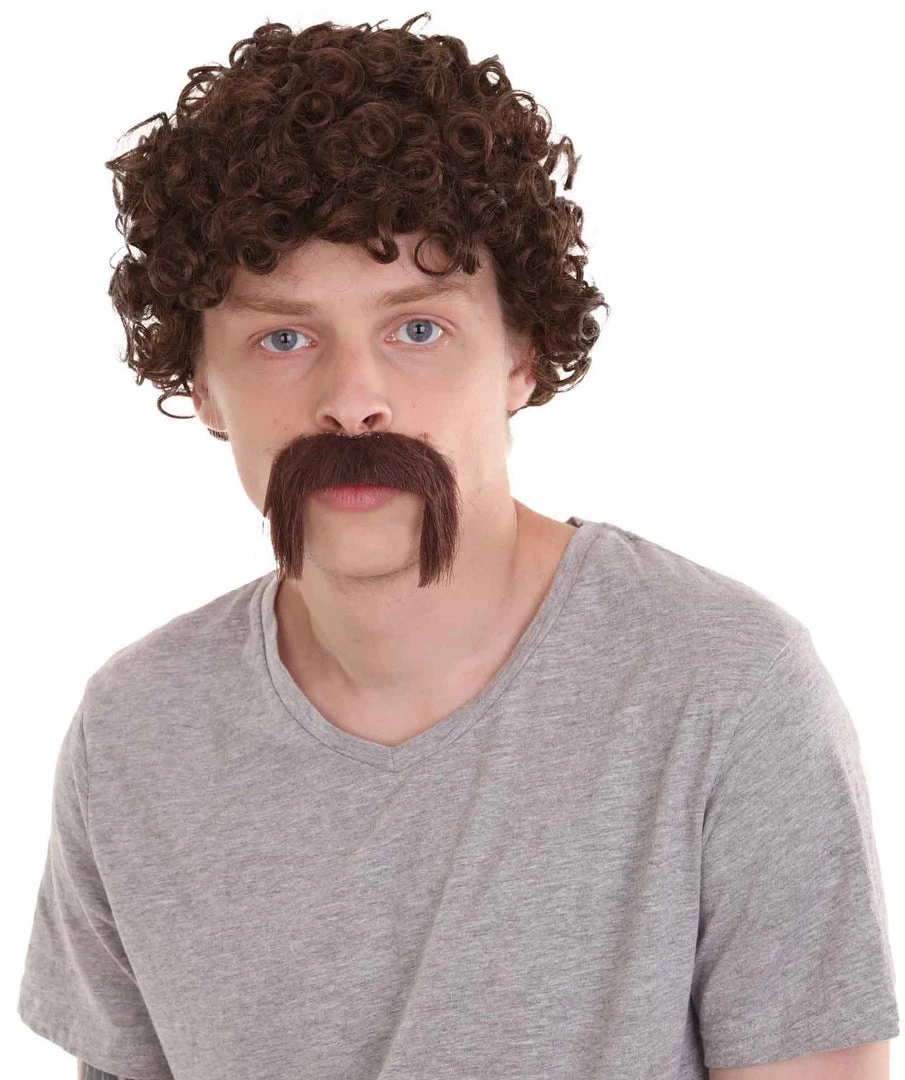 HPO 70's Mens Afro Wig & Mustache Set | Brown Retro Wig | Premium Breathable Capless Cap Men's 2 HPO 70's Mens Afro Wig & Mustache Set | Brown Retro Wig | Premium Breathable Capless Cap Men's
