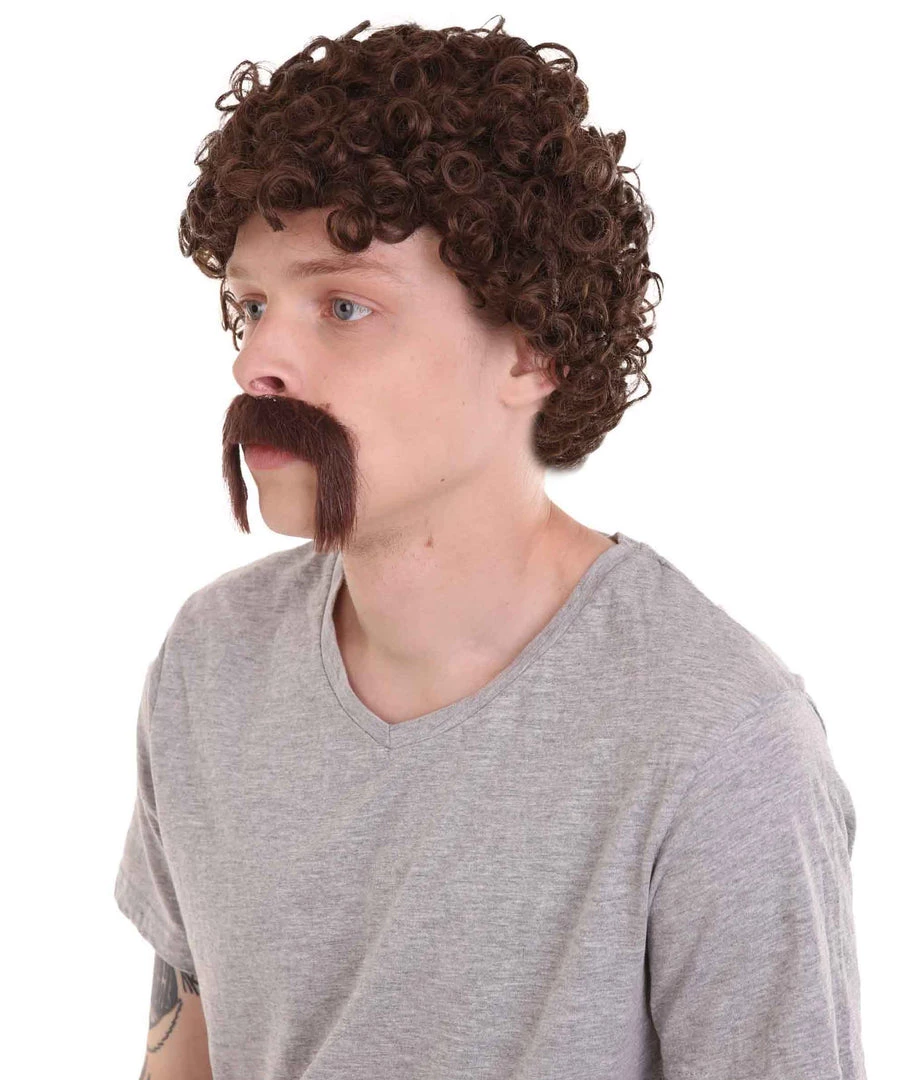 HPO 70's Mens Afro Wig & Mustache Set | Brown Retro Wig | Premium Breathable Capless Cap Men's 3 HPO 70's Mens Afro Wig & Mustache Set | Brown Retro Wig | Premium Breathable Capless Cap Men's