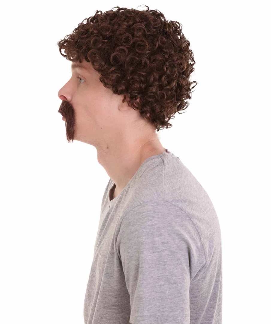 HPO 70's Mens Afro Wig & Mustache Set | Brown Retro Wig | Premium Breathable Capless Cap Men's 4 HPO 70's Mens Afro Wig & Mustache Set | Brown Retro Wig | Premium Breathable Capless Cap Men's
