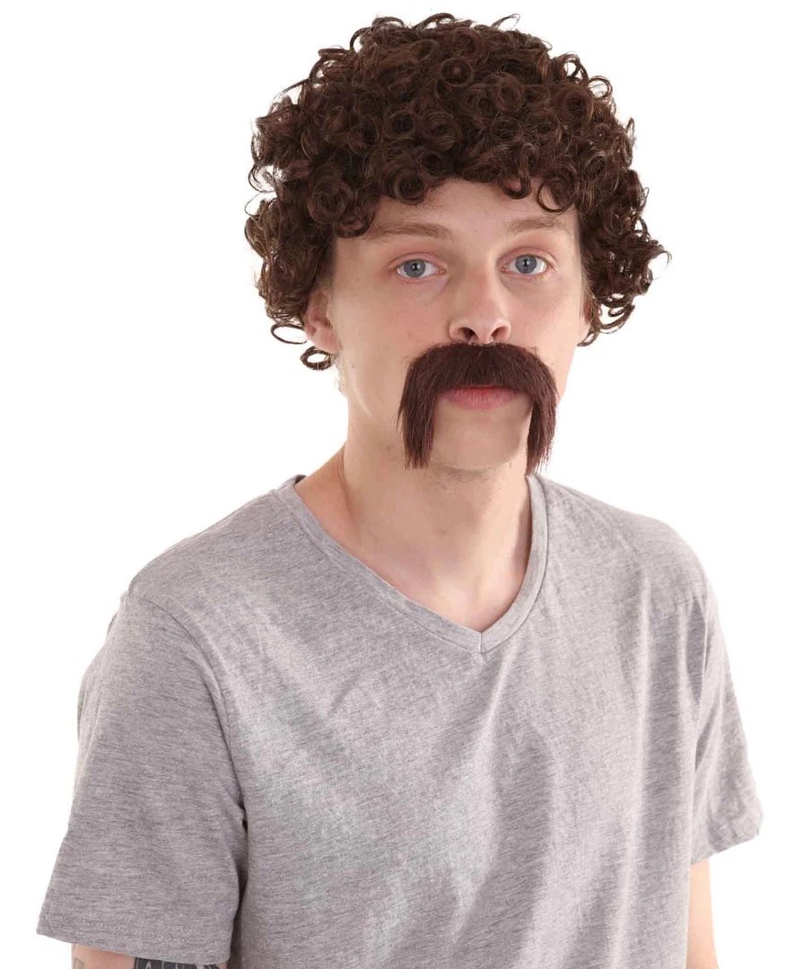 HPO 70's Mens Afro Wig & Mustache Set | Brown Retro Wig | Premium Breathable Capless Cap Men's 1 HPO 70's Mens Afro Wig & Mustache Set | Brown Retro Wig | Premium Breathable Capless Cap Men's