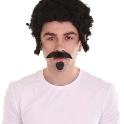 HPO Rapper Mens With Mustache & Chin Patch | Black Cosplay Halloween Wig | Premium Breathable Capless Cap