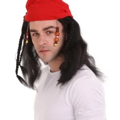 HPO Caribbean Pirate Mens Wig | Black Wig With Red Cap | Premium Breathable Capless Cap