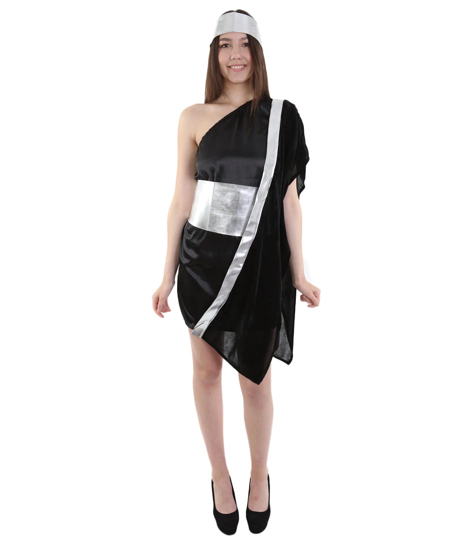 HPO Adult Women's Grecian Toga Costume | Silver Black Cosplay Costume 2 HPO Adult Women's Grecian Toga Costume | Silver Black Cosplay Costume