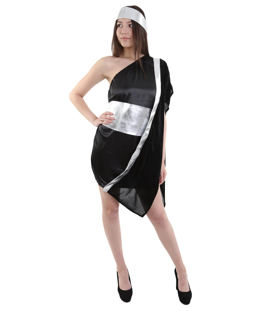HPO Adult Women's Grecian Toga Costume | Silver Black Cosplay Costume 1 HPO Adult Women's Grecian Toga Costume | Silver Black Cosplay Costume
