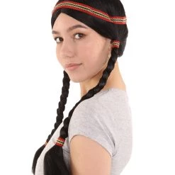 HPO Native American Princess Womens Wig With Headband | Black Braided Cosplay Halloween Wig | Premium Breathable Capless Cap