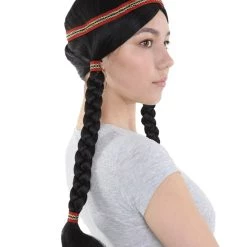 HPO Native American Princess Womens Wig With Headband | Black Braided Cosplay Halloween Wig | Premium Breathable Capless Cap