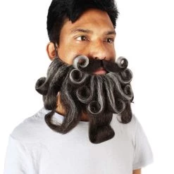 HPO Adult Men's Giant Grey & Brown Twisted Wizard Champion Mustache And Beard