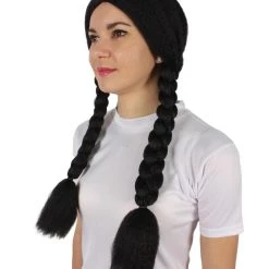 BC Adult Women's Black Color Braided Pigtails Shoulder Length Trendy Wednesday Wig | Breathable Standard Cap