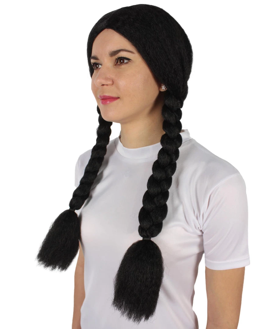 BC Adult Women's Black Color Braided Pigtails Shoulder Length Trendy Wednesday Wig | Breathable Standard Cap 2 BC Adult Women's Black Color Braided Pigtails Shoulder Length Trendy Wednesday Wig | Breathable Standard Cap