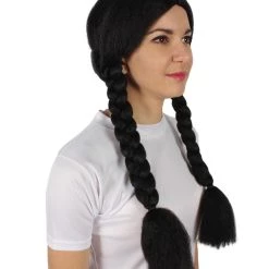 BC Adult Women's Black Color Braided Pigtails Shoulder Length Trendy Wednesday Wig | Breathable Standard Cap 16 BC Adult Women's Black Color Braided Pigtails Shoulder Length Trendy Wednesday Wig | Breathable Standard Cap