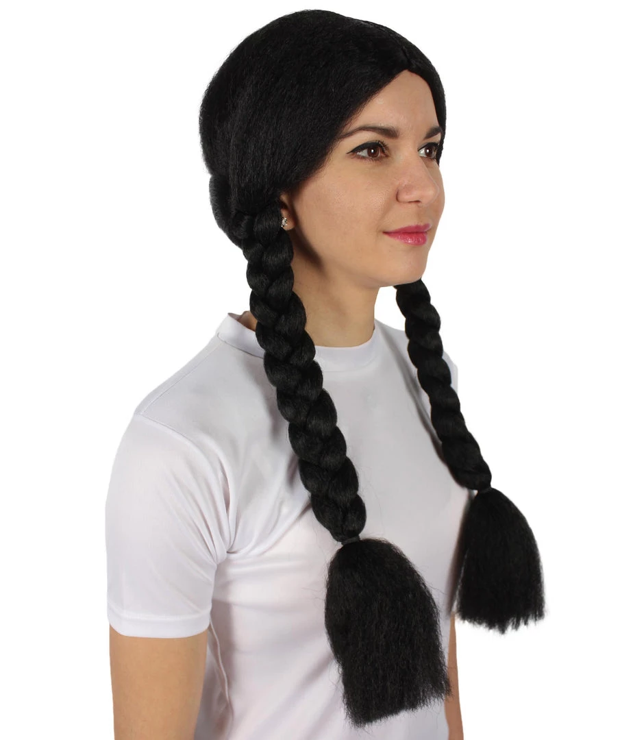 BC Adult Women's Black Color Braided Pigtails Shoulder Length Trendy Wednesday Wig | Breathable Standard Cap 6 BC Adult Women's Black Color Braided Pigtails Shoulder Length Trendy Wednesday Wig | Breathable Standard Cap