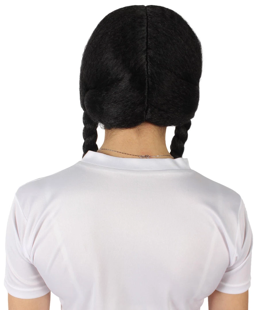 BC Adult Women's Black Color Braided Pigtails Shoulder Length Trendy Wednesday Wig | Breathable Standard Cap 4 BC Adult Women's Black Color Braided Pigtails Shoulder Length Trendy Wednesday Wig | Breathable Standard Cap