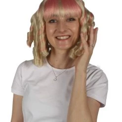 HPO Women's Womens Colonial Historical Pink And Blonde Curly Wig | Premium Breathable Capless Cap