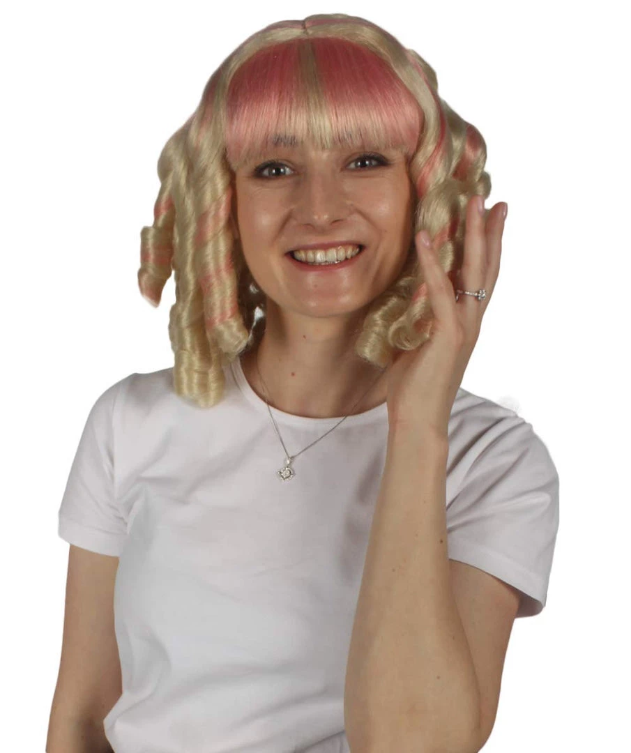 HPO Women's Womens Colonial Historical Pink And Blonde Curly Wig | Premium Breathable Capless Cap 2 HPO Women's Womens Colonial Historical Pink And Blonde Curly Wig | Premium Breathable Capless Cap