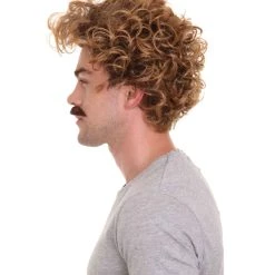 HPO Comedy TV | Mens Pro Wrestler Short Brown Curly Afro Wig And Mustache Men's