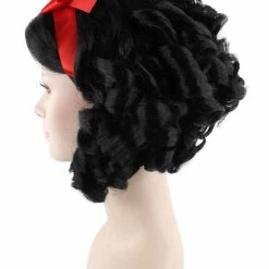 HPO Fairytale Womens Wig | Black Short Cosplay Halloween Wig With Red Ribbon | Premium Breathable Capless Cap Men's