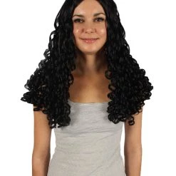 HPO Womens Colonial Ladies 18th Century Long Curly Wig | Black Historical Wigs | Premium Breathable Capless Cap
