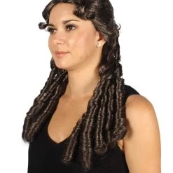 HPO Womens Colonial Lady Wig | Dark Brown Curly Historical Wigs | Premium Breathable Capless Cap