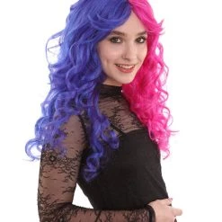 BC Women's Two Tone Blue And Pink Color Curly Medium Length Trendy Wig