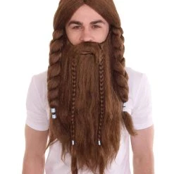 HPO Men's Mens Viking Wig & Beard Set | Brown Cosplay Halloween Wig | Premium Breathable Capless Cap