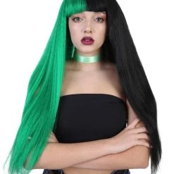HPO Womens Singer Wig | Long Green Black Celebrity Straight Wig | Premium Breathable Capless Cap