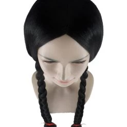 HPO Womens Gothic School Girl Pigtail Style Wig | Triditional Braided Halloween Wig With Red Ribbon | Premium Breathable Capless Cap