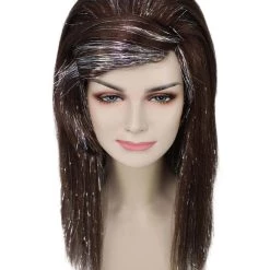 HPO Women's 60's Brunette Bouffant With Silver Tinsel Highlights | Halloween Rave Wig | Premium Breathable Capless Cap