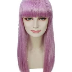 HPO Women's Womens Long Baby Pink Wig With Tinsel Highlights | Halloween Rave Wig | Premium Breathable Capless Cap