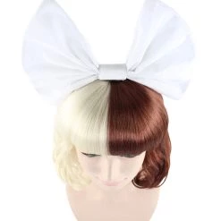 HPO Men's Adult Womens Short Curly Wig W/ Large White Bow | Brown & Blonde Celebrity Wig | Premium Breathable Capless Cap