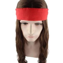 HPO Men's Pirate Mens Wig | Brown Wig With Red Ribbon | Premium Breathable Capless Cap