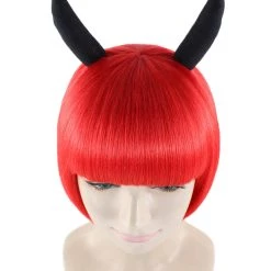 HPO Men's Devil Womens Wig With Horns | Red Horror Character Cosplay Halloween Wig | Premium Breathable Capless Cap